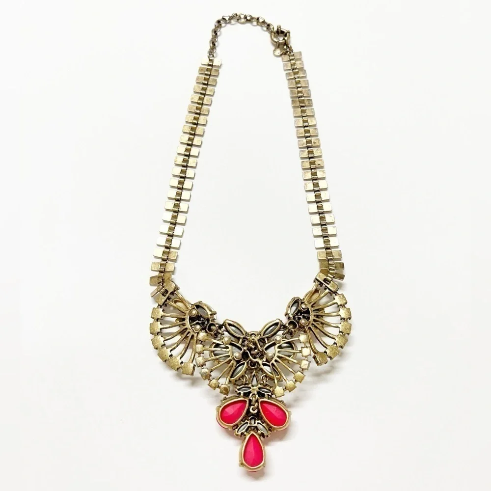 J Crew Womens Gold Plated Brass Multicolored Crystal Fan Statement Necklace